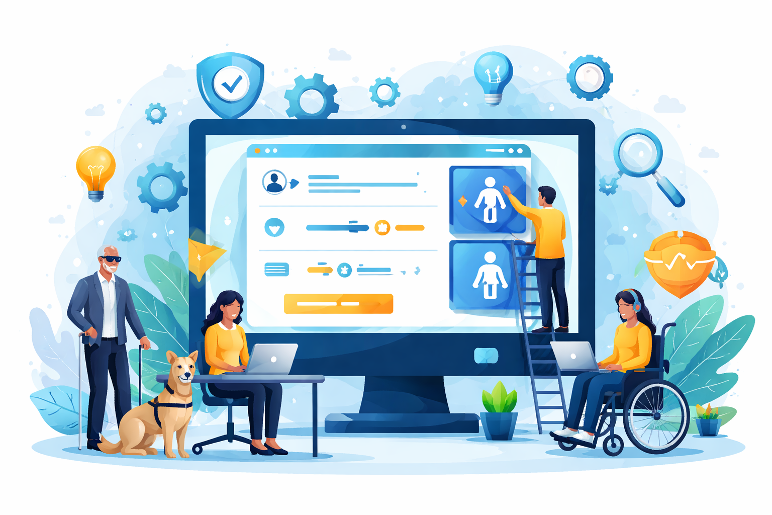 Team working on ADA compliant web design with accessibility tools displayed on a large computer screen, including a blind man with a guide dog and a woman using a wheelchair.