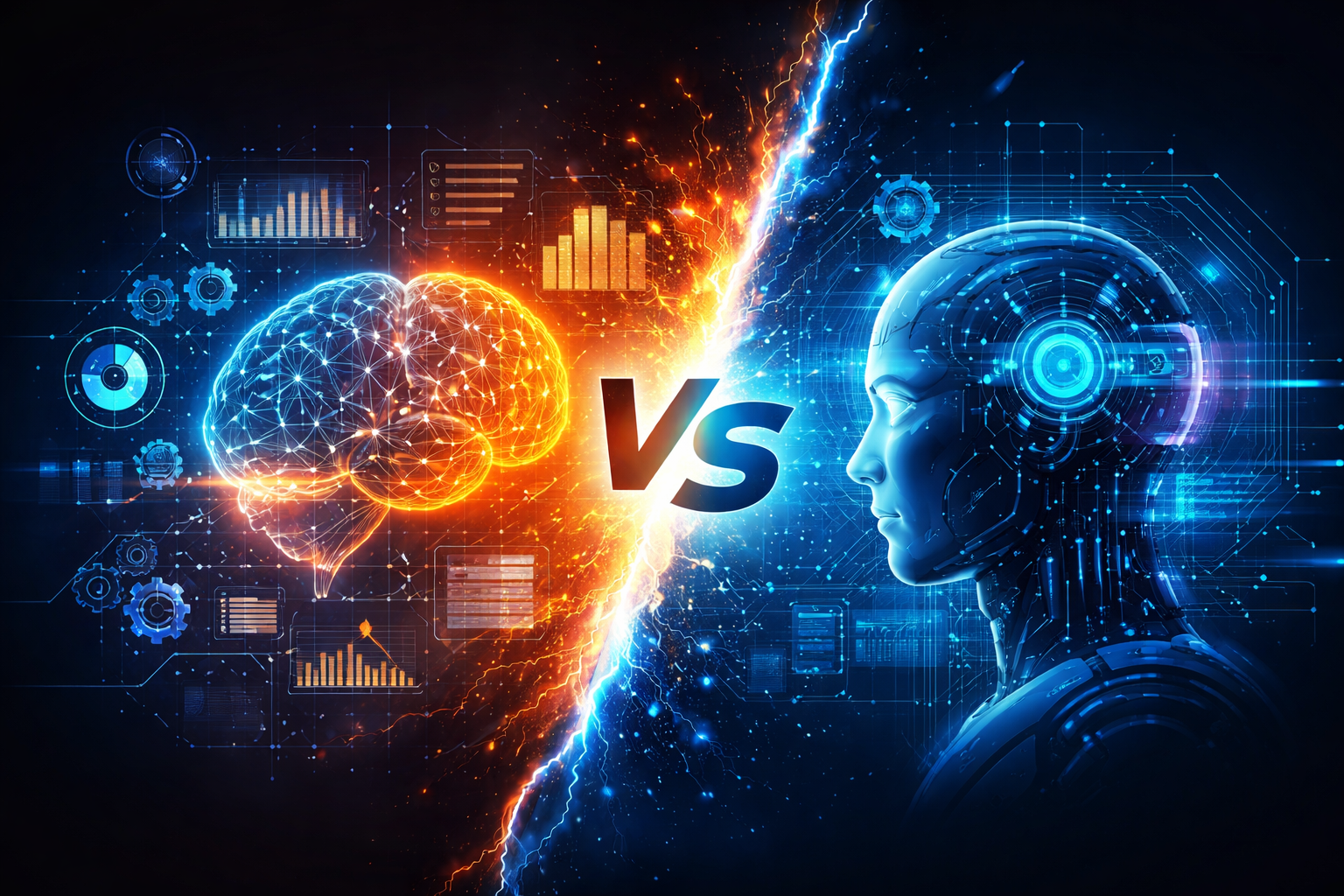Illustration comparing human-led AI and agentic AI for small business digital marketing, with a glowing brain on one side and a robotic AI system on the other