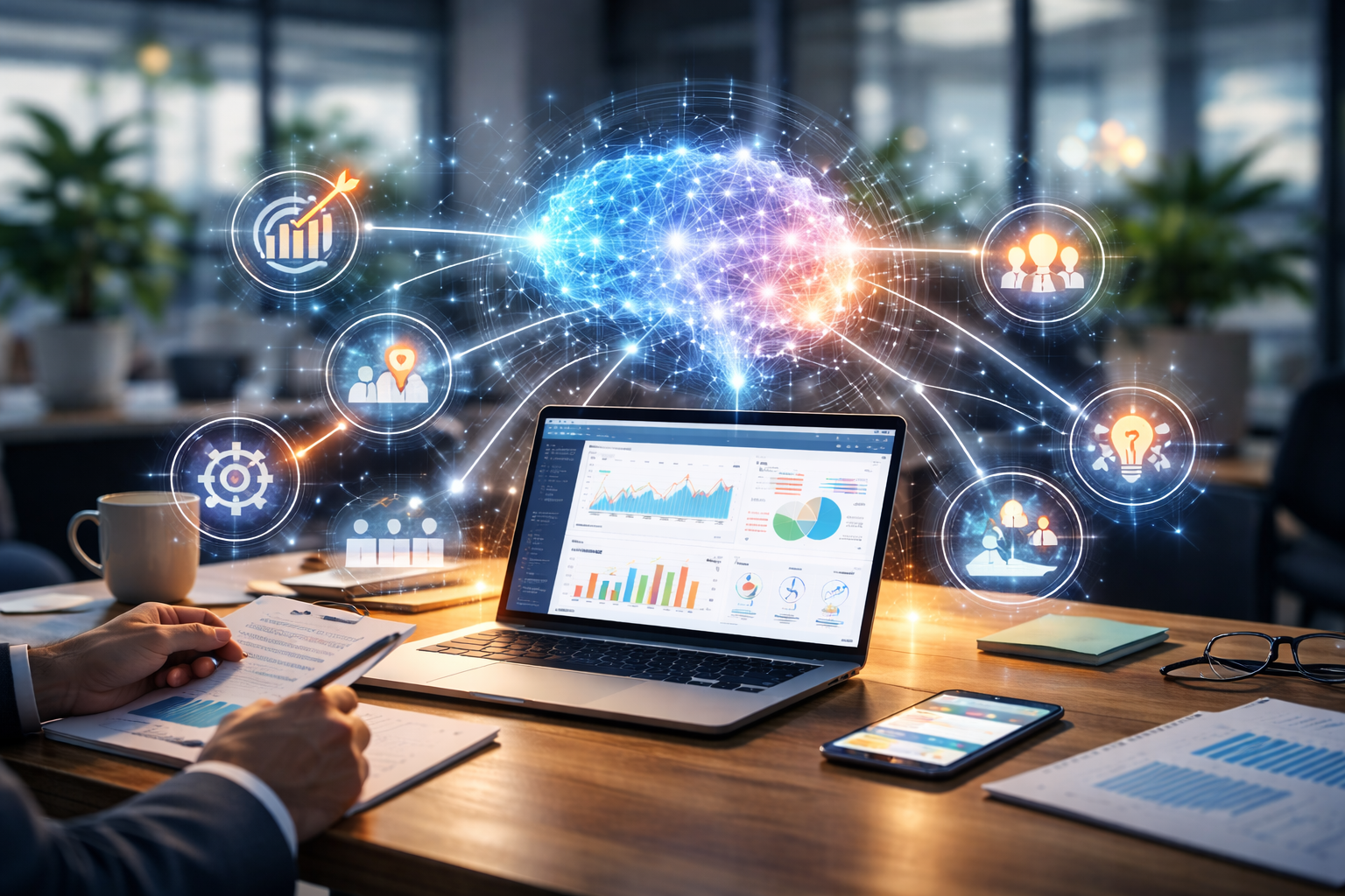 Client intelligence and business input flowing into a human-led AI marketing platform to guide strategy, analysis, and decision-making