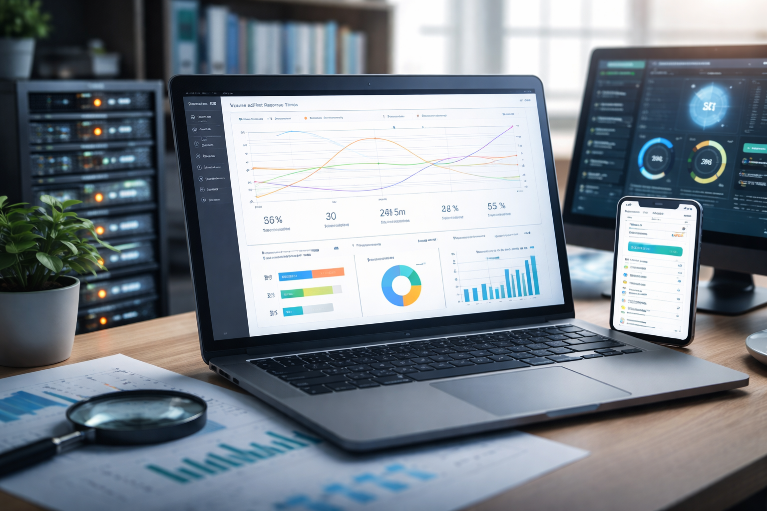 Website management analytics dashboard showing cloud hosting performance and support monitoring tools.