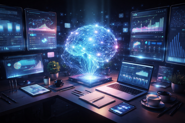 Futuristic digital workspace showing AI analysis, connected data dashboards, and marketing intelligence systems inside Stand And Stretch