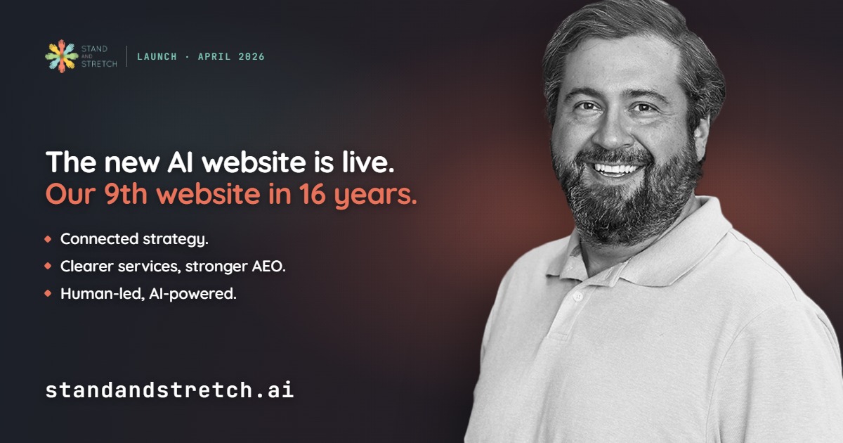 Launch announcement card for the new Stand And Stretch AI website, our 9th website in 16 years, featuring Lucas Shaffer in Columbus, GA